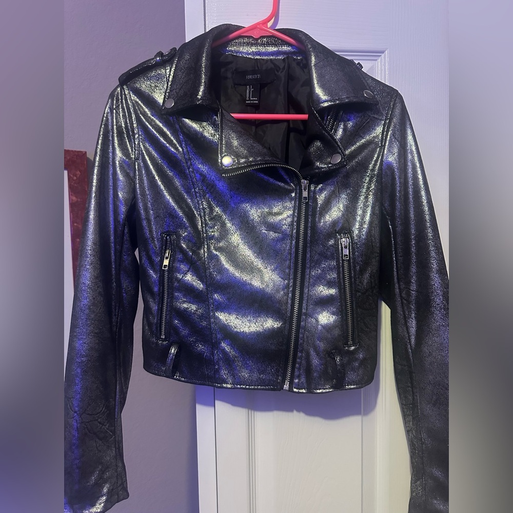 Forever 21 Shiny Black/ Silver metalic  faux Leather Jacket